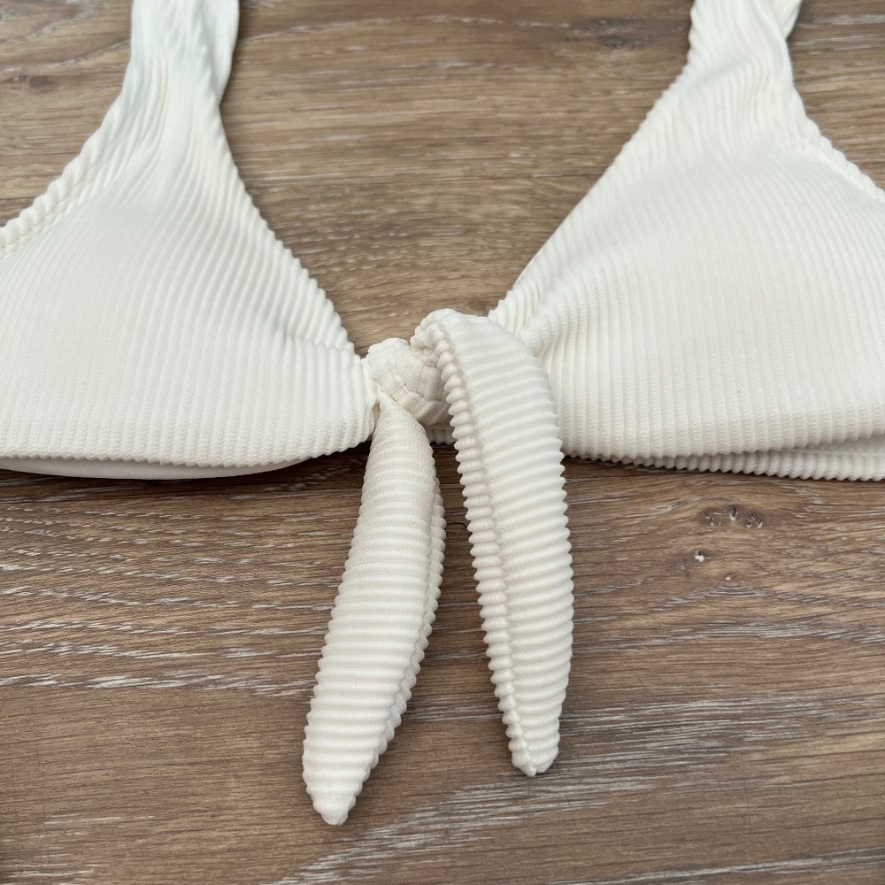 White Ribbed Tie-Front Bikini Set - Picture 5 of 9